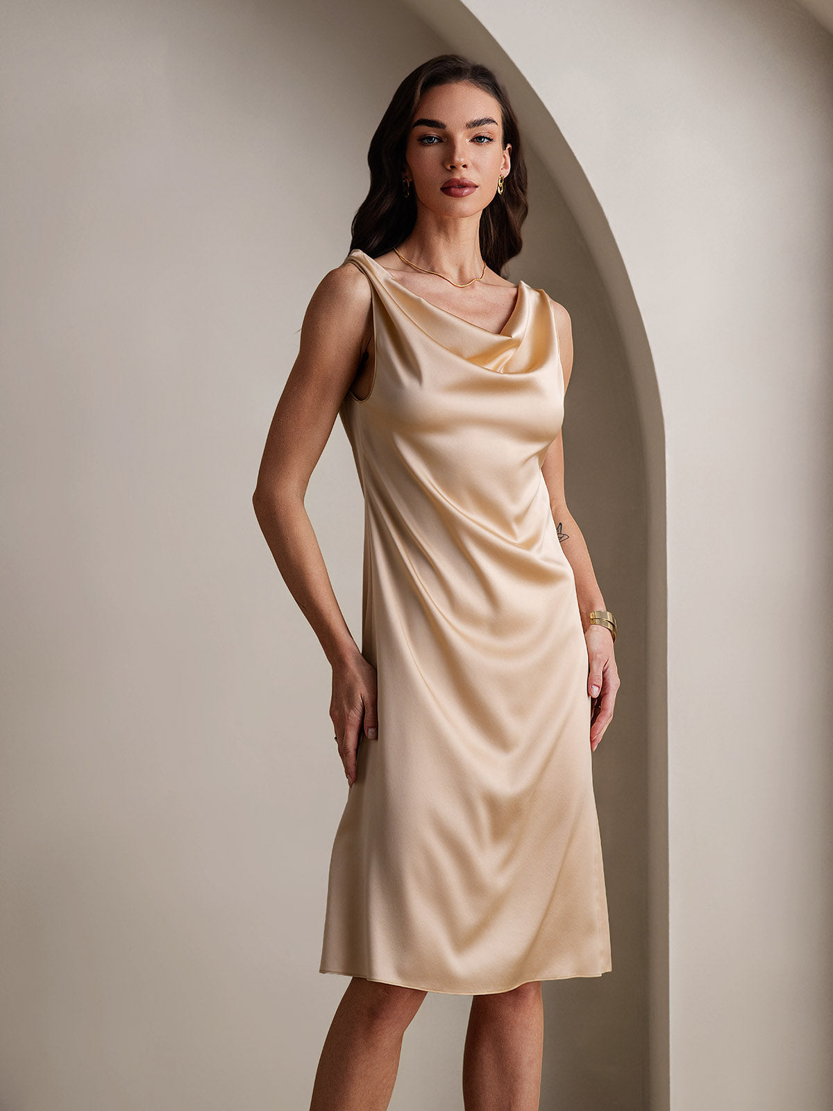 [Champagne] SilkSilky  19Momme Silk Sleeveless Cowl Neck Dress 003