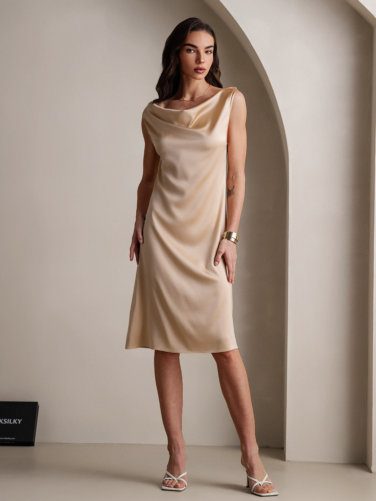 [Champagne] SilkSilky  19Momme Silk Sleeveless Cowl Neck Dress 005