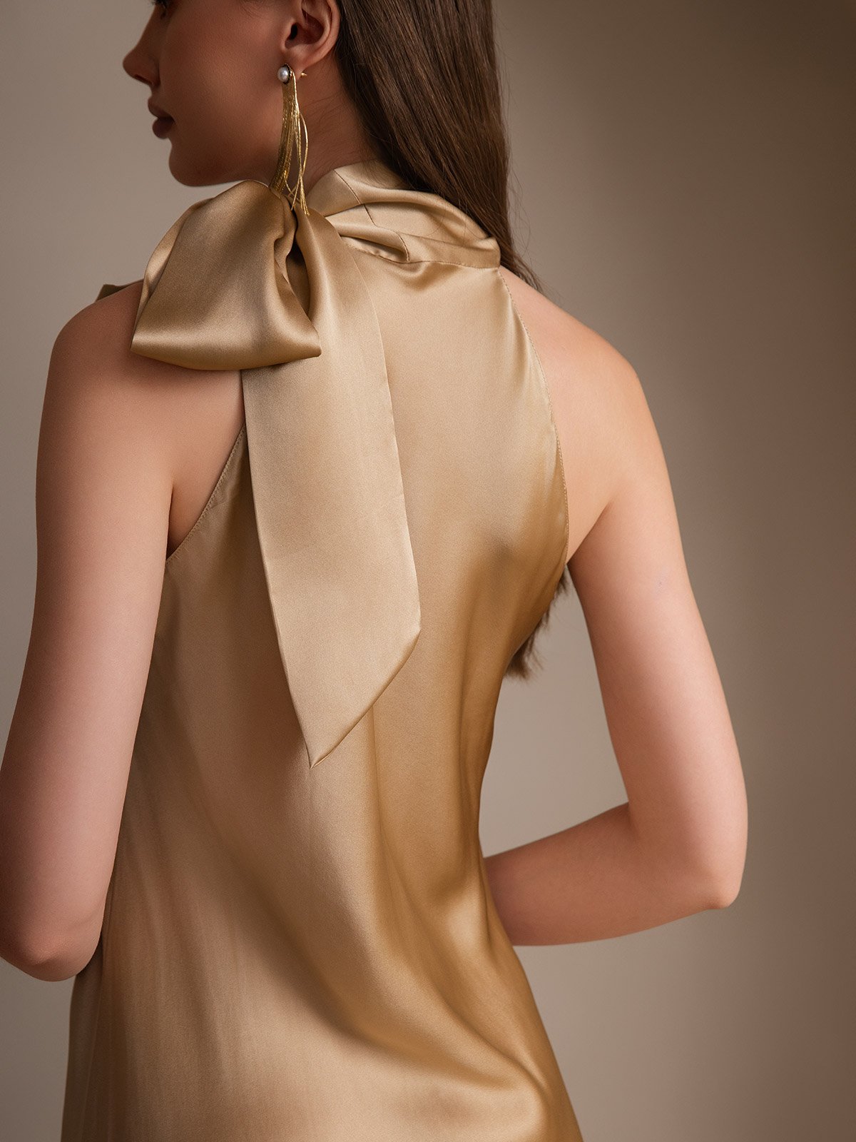 [Champagne] SilkSilky 19Momme Silk Sleeveless Tie Neck Dress 004