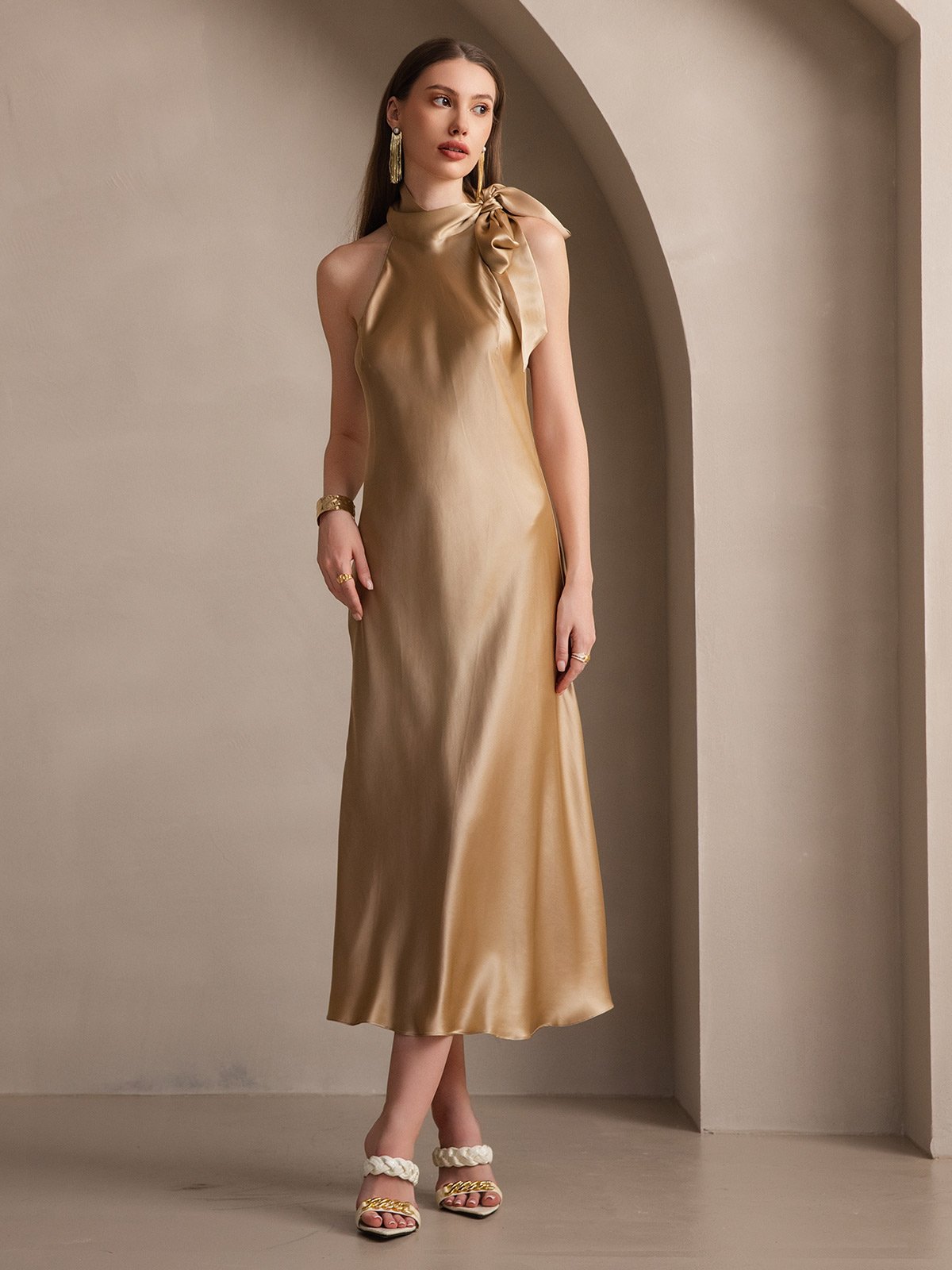 [Champagne] SilkSilky 19Momme Silk Sleeveless Tie Neck Dress 005