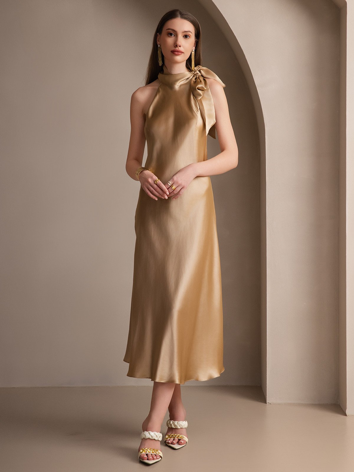 [Champagne] SilkSilky 19Momme Silk Sleeveless Tie Neck Dress 006