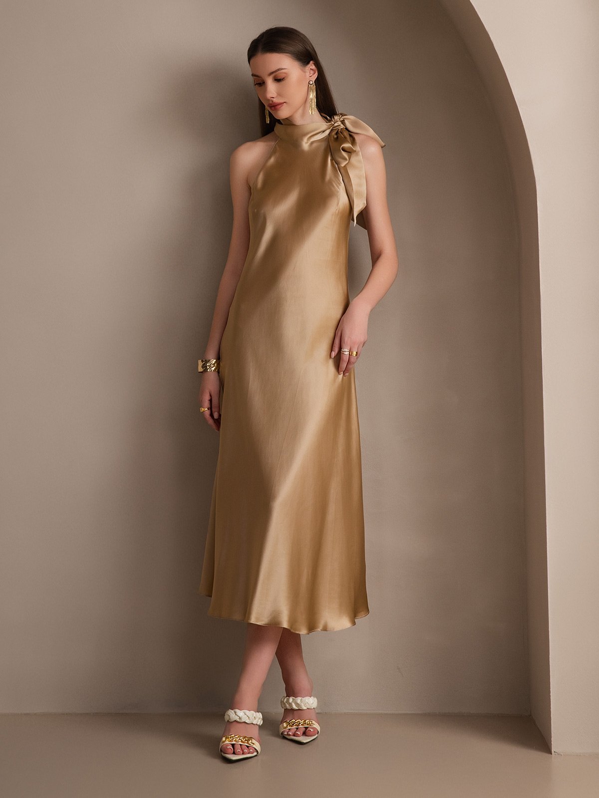 [Champagne] SilkSilky 19Momme Silk Sleeveless Tie Neck Dress 007