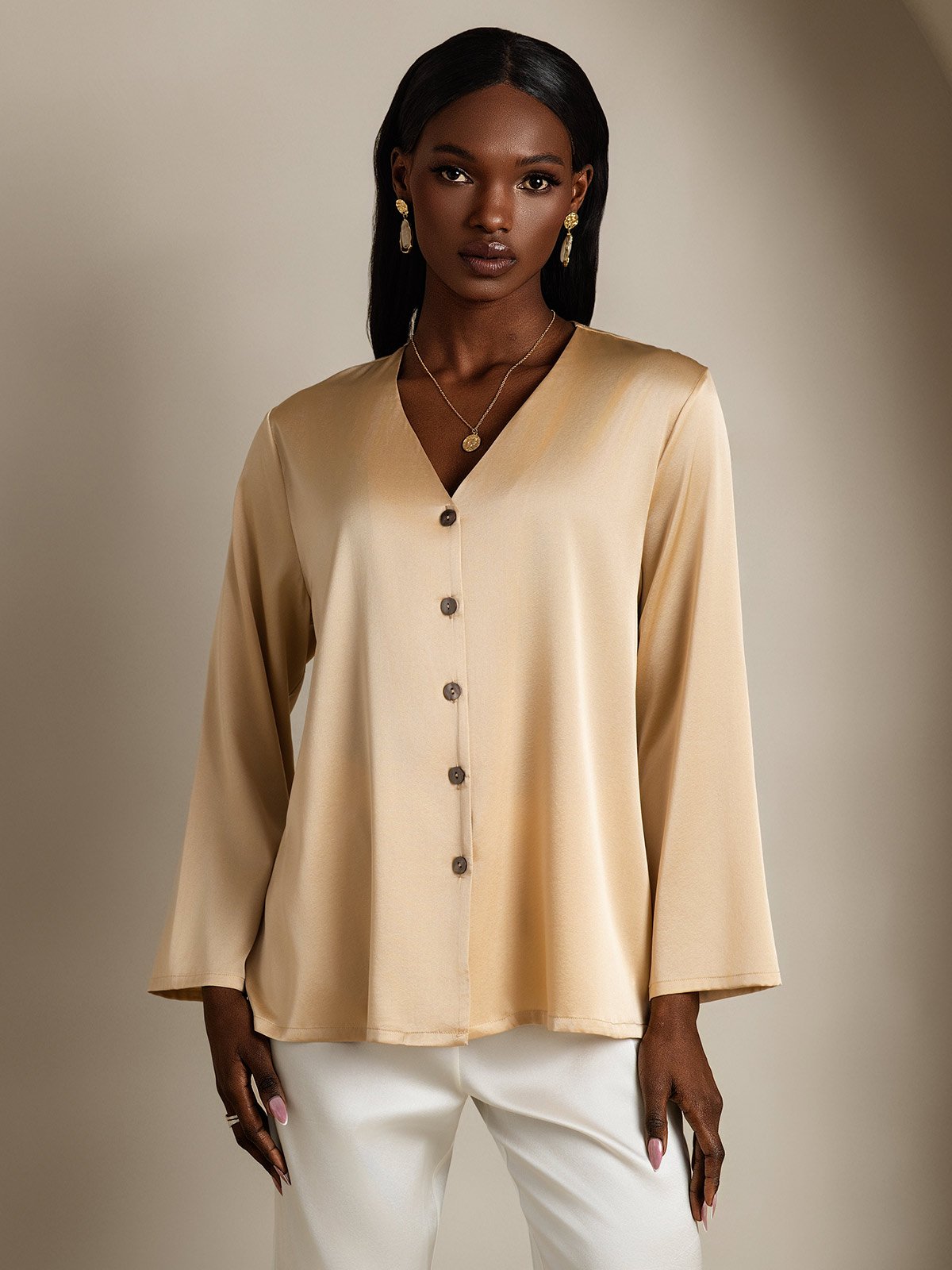 [Champagne] SilkSilky  19Momme Silk V Neck Women's Shirt 003