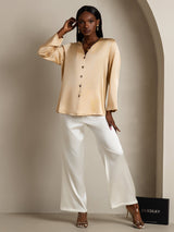 [Champagne] SilkSilky  19Momme Long Sleeve V Neck Blouse 005