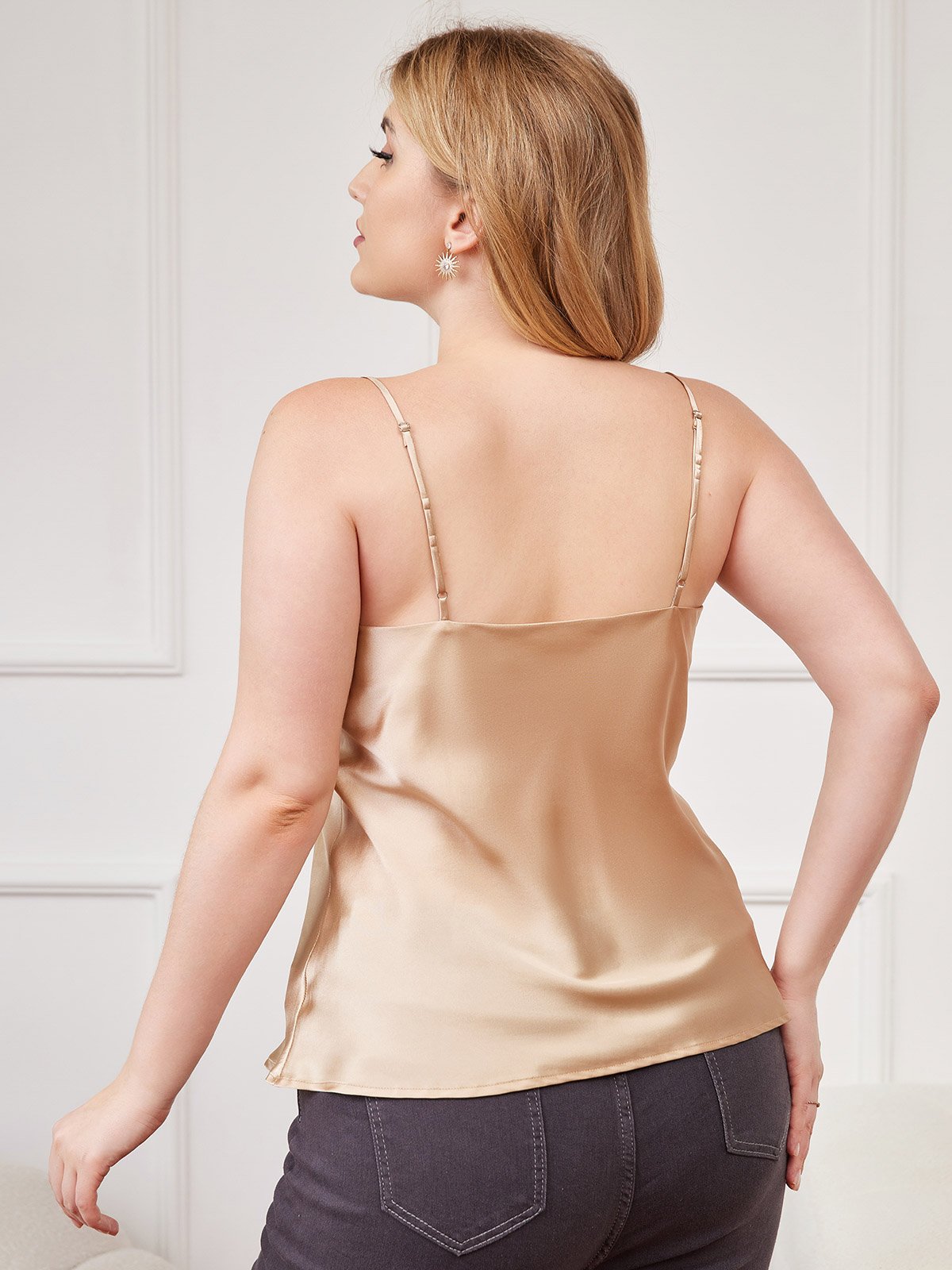 [Champagne] SilkSilky Pure Silk Deep V Neck Plus Size Camisole Top 002