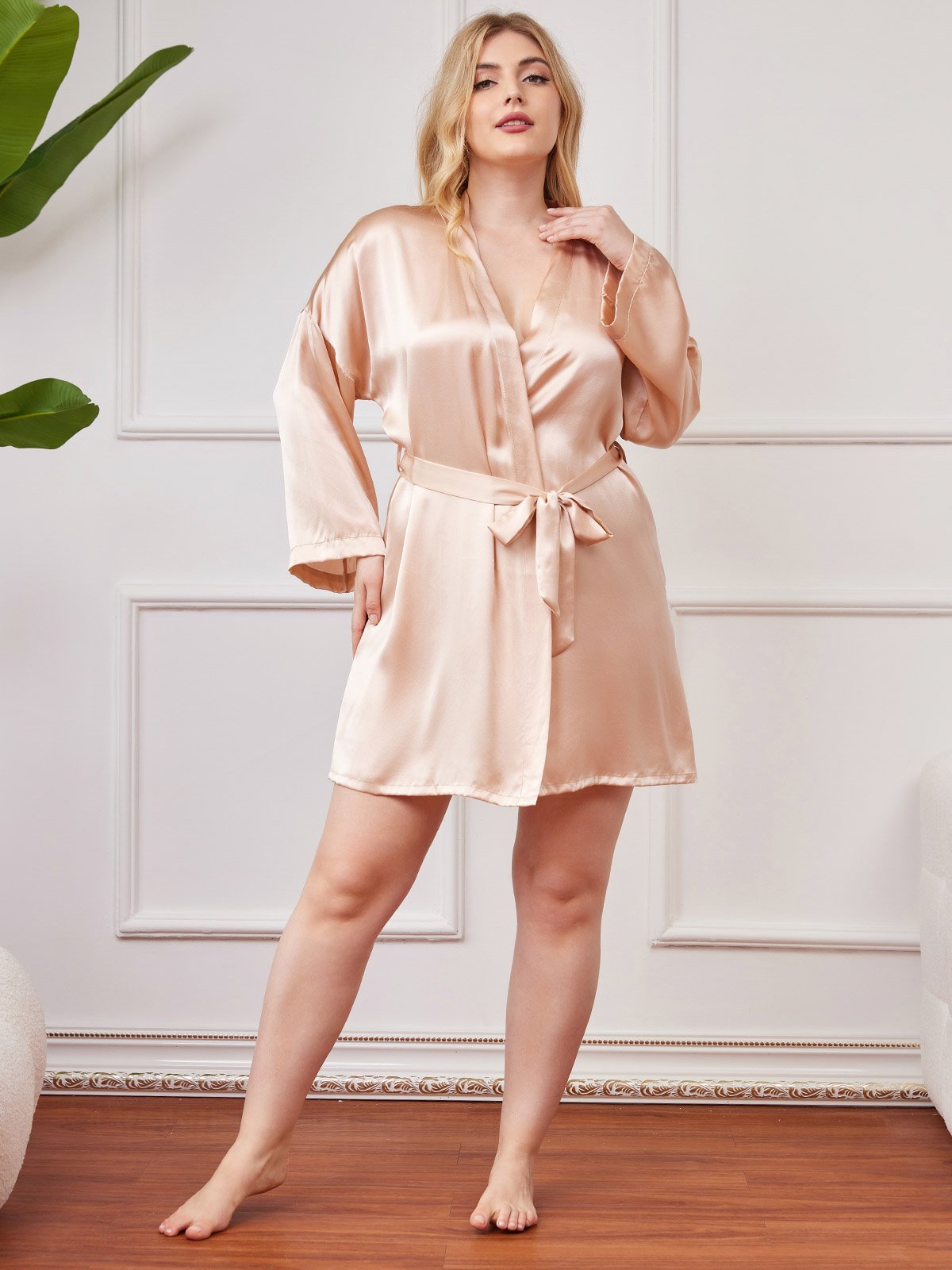[Champagne] SilkSilky Pure Silk Long Sleeve Deep V Neck Plus Size Robe 005