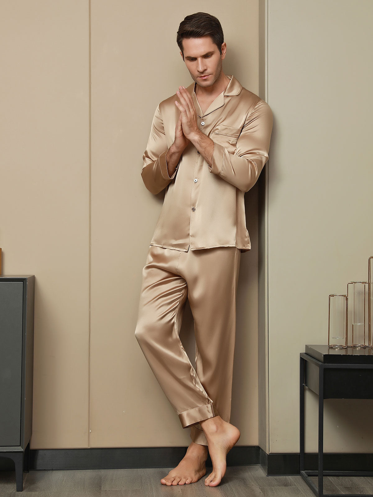 [Champagne] SilkSilky Pure Silk Long Sleeve Lapel Men's Pajamas 003