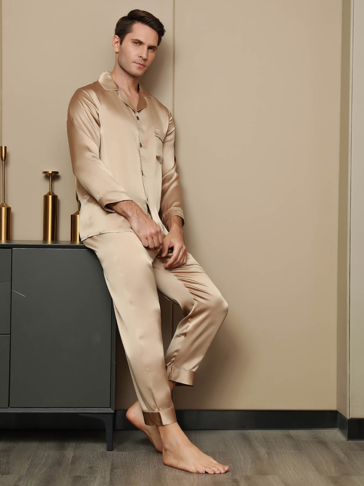 [Champagne] SilkSilky Pure Silk Long Sleeve Lapel Men's Pajamas 004