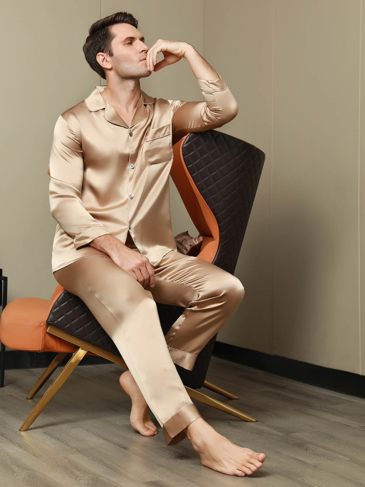 [Champagne] SilkSilky Pure Silk Long Sleeve Lapel Men's Pajamas 005