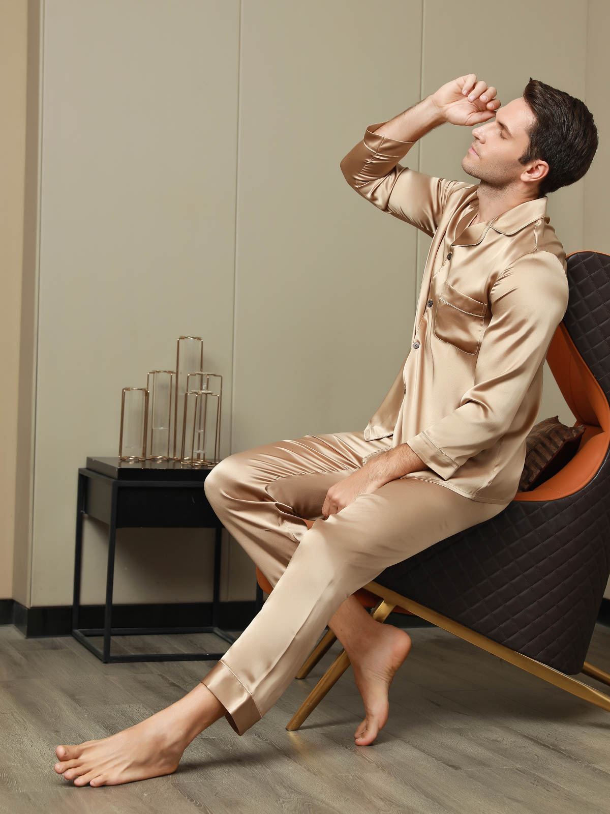 [Champagne] SilkSilky Pure Silk Long Sleeve Lapel Men's Pajamas 006