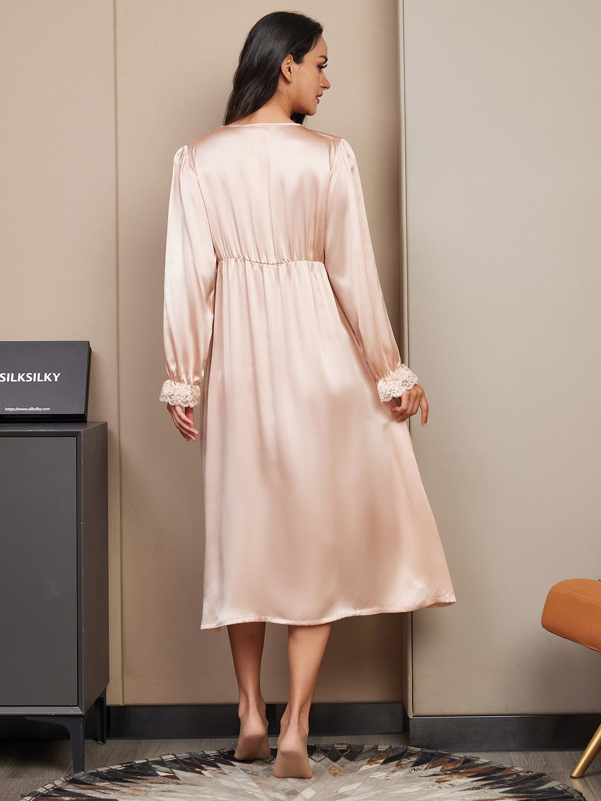 SilkSilky Women's Silk Lace-Trim Puff Sleeve Nightgown, Champagne / L(12)