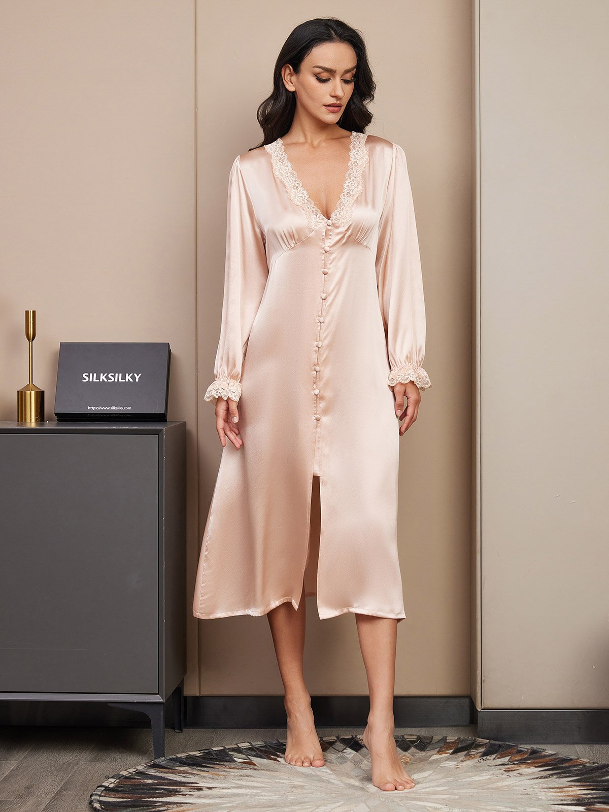 [Champagne] SilkSilky Pure Silk Long Sleeve V Neck Nightgown 003