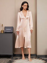 [Champagne] SilkSilky  Pure Silk Long Sleeve V Neck Nightgown 003