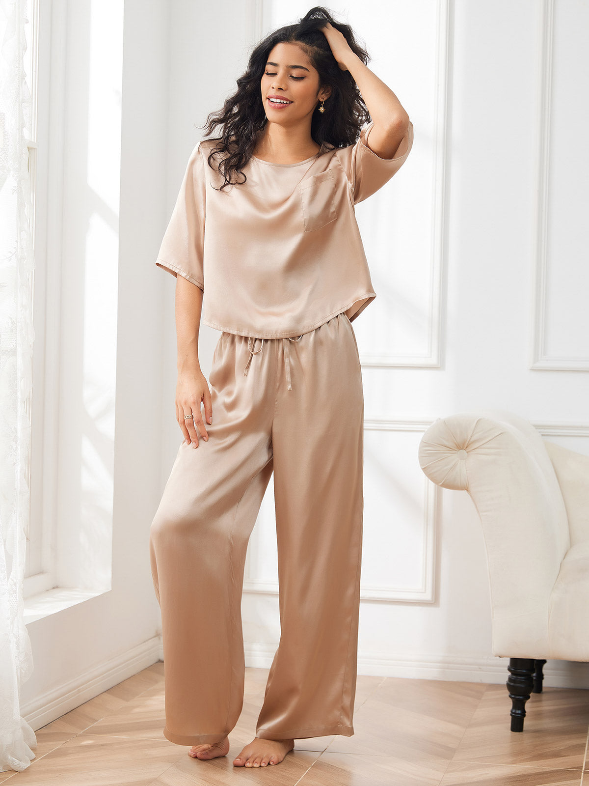 [Champagne] SilkSilky  Pure Silk Round Neck Women's Pajamas 001