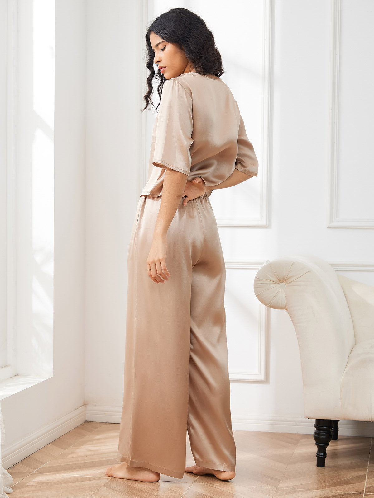 [Champagne] SilkSilky  Pure Silk Round Neck Women's Pajamas 002