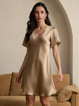 [Champagne] SilkSilky  Short Sleeve V Neck Nightgown 003