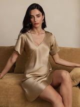 [Champagne] SilkSilky  Short Sleeve V Neck Nightgown 007