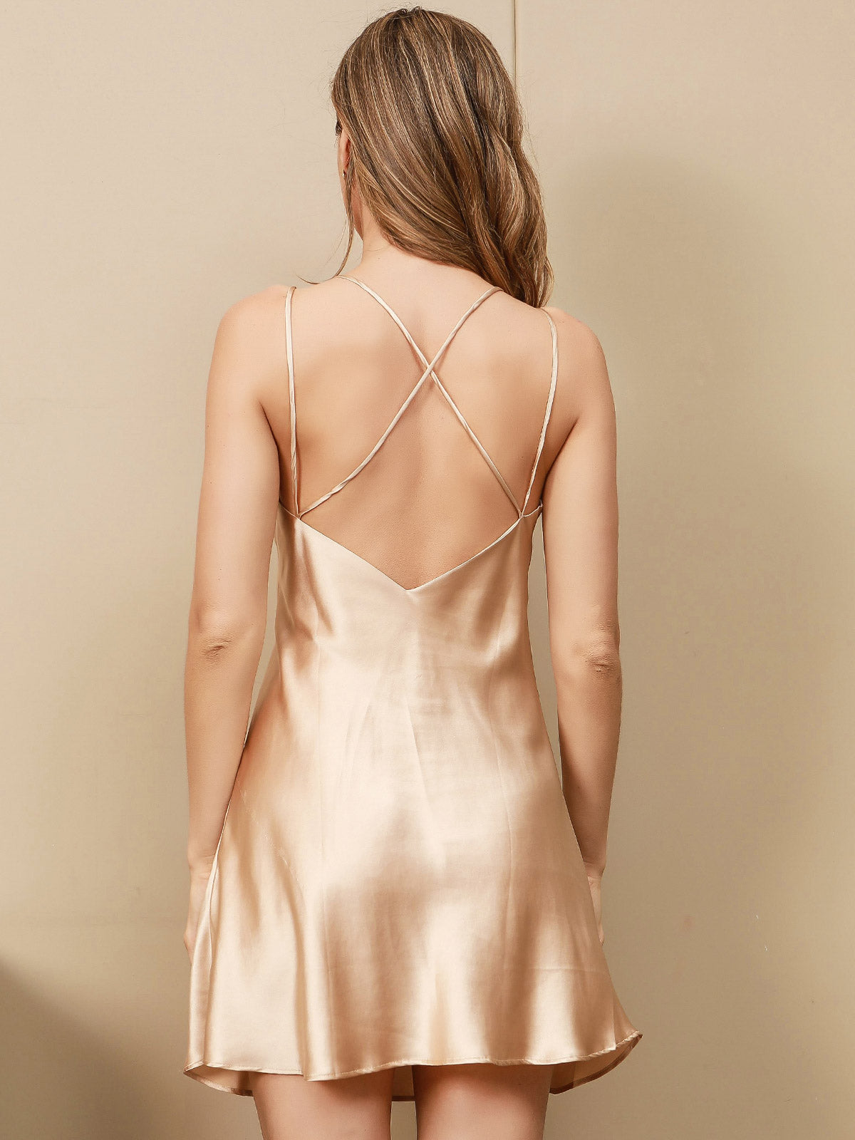 [Champagne] SilkSilky Pure Silk Sleeveless V Neck Nightgown 001
