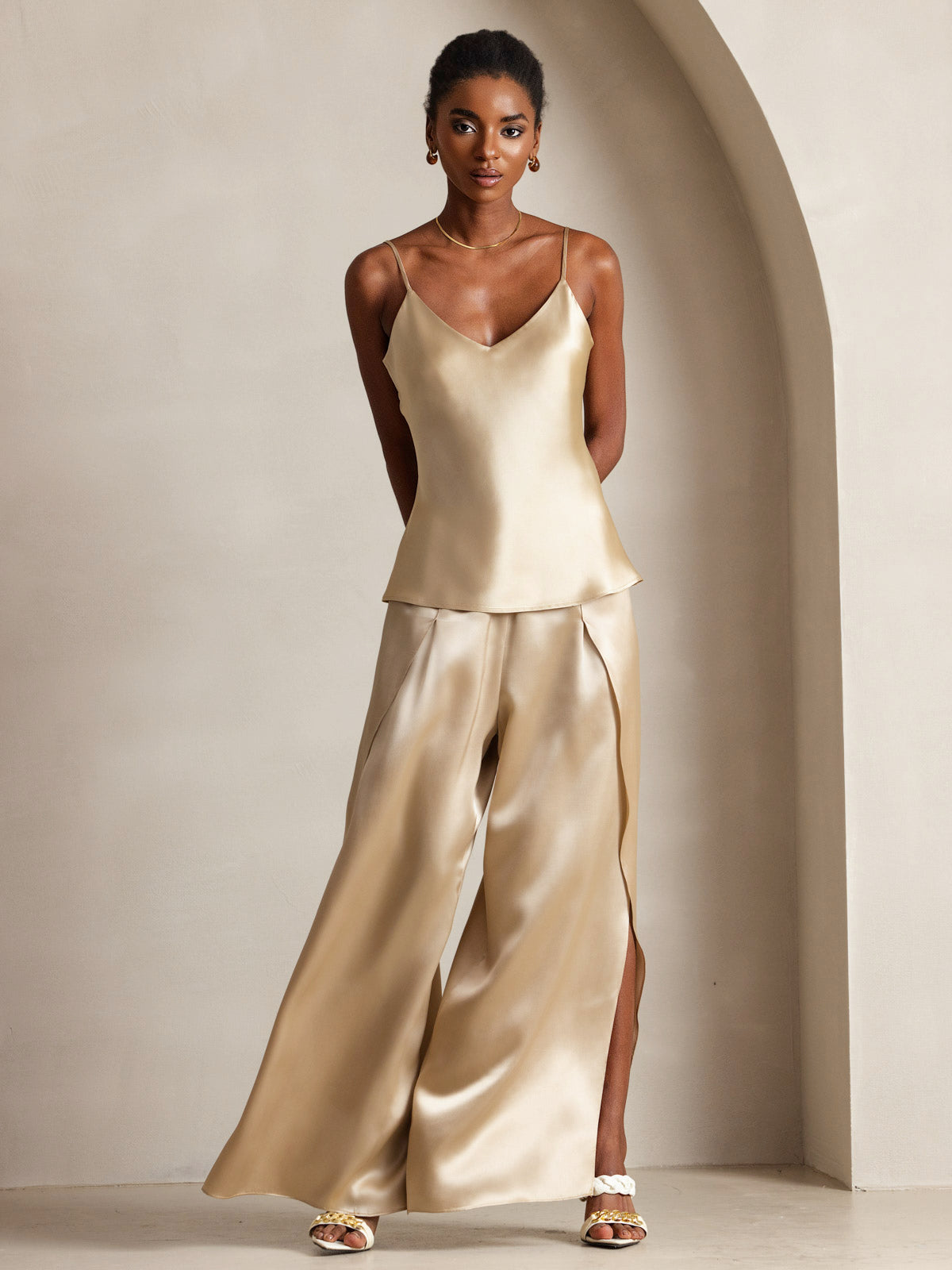 [Champagne] SilkSilky  Pure Silk V Neck Camisole Top 001