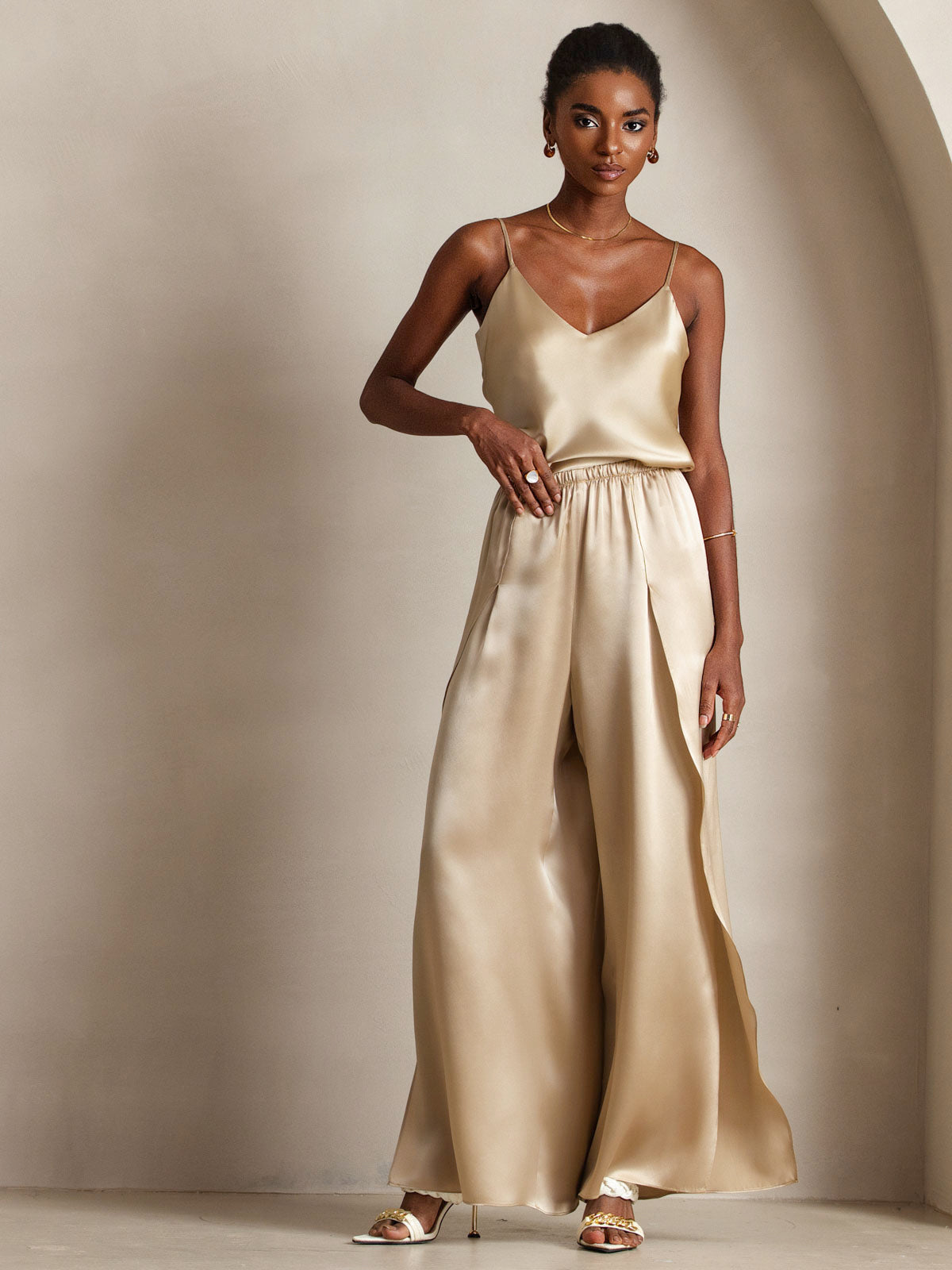 [Champagne] SilkSilky  Pure Silk V Neck Camisole Top 004