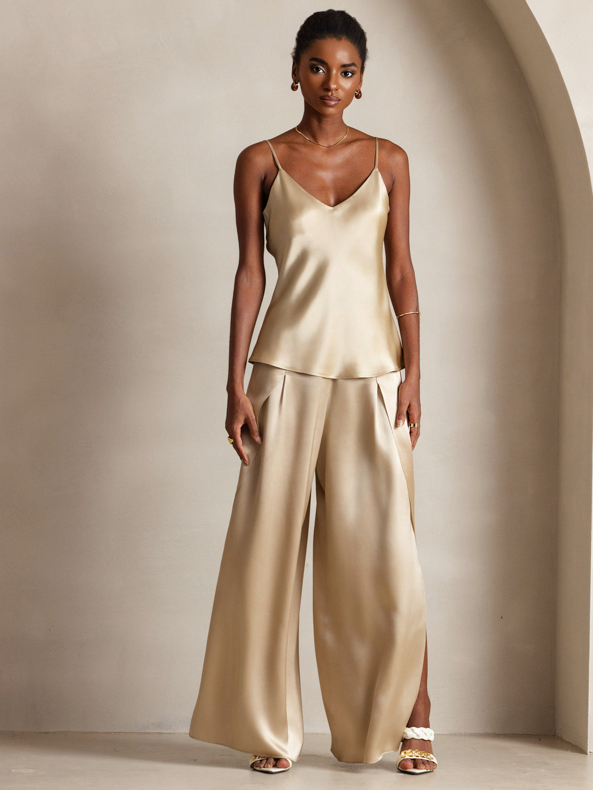 [Champagne] SilkSilky  Pure Silk V Neck Camisole Top 005