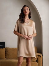 [Champagne] SilkSilky  Half Sleeve V Neck Nightgown 004