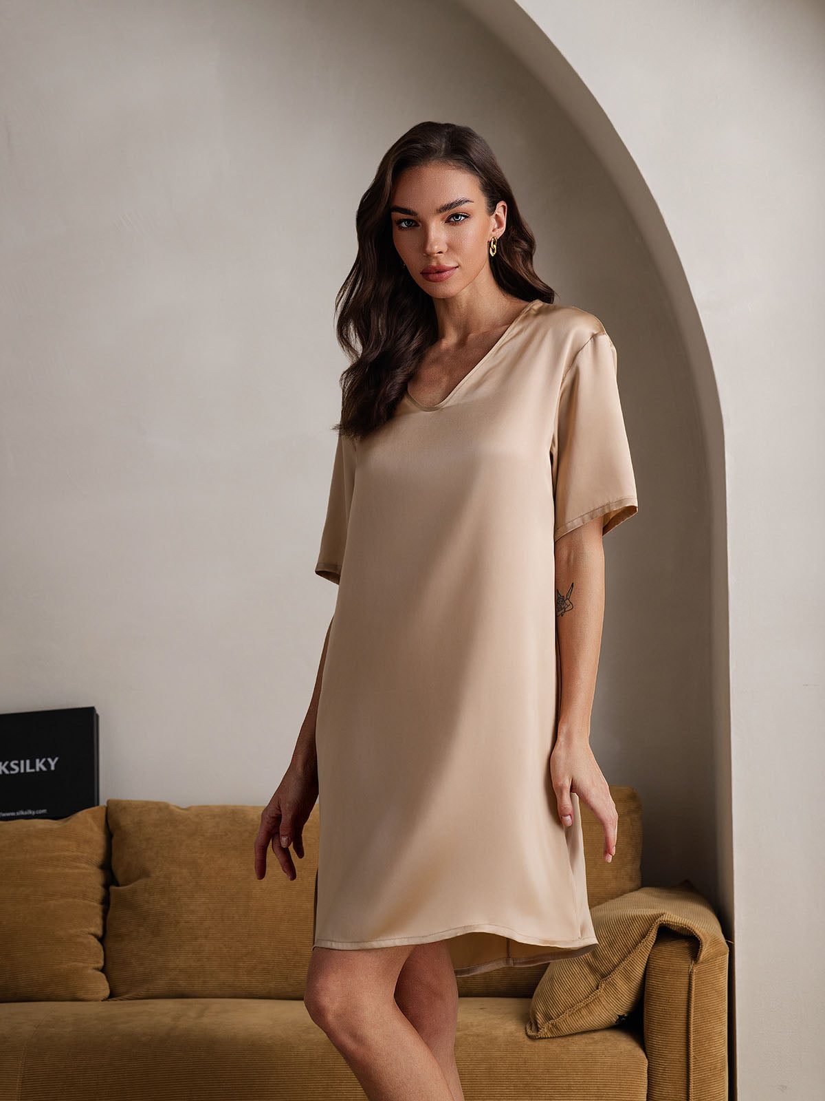 [Champagne] SilkSilky  Pure Silk V Neck Nightgown 005