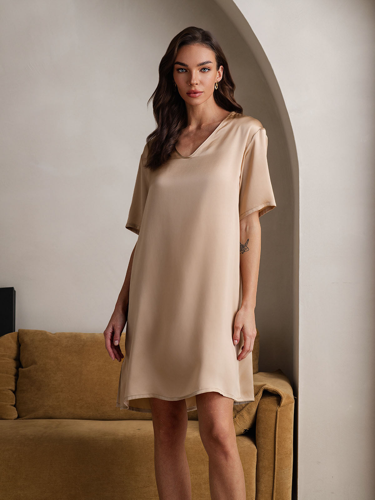[Champagne] SilkSilky  Pure Silk V Neck Nightgown 006
