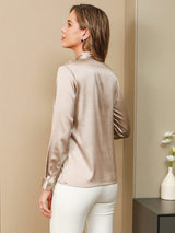 [Coffee] SilkSilky  19Momme Long Sleeve Tie Neck Women's Shirt 002