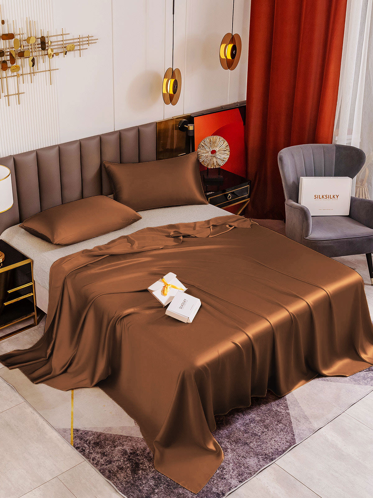 [Coffee] SilkSilky 19Momme Pure Silk Bedding Set 001