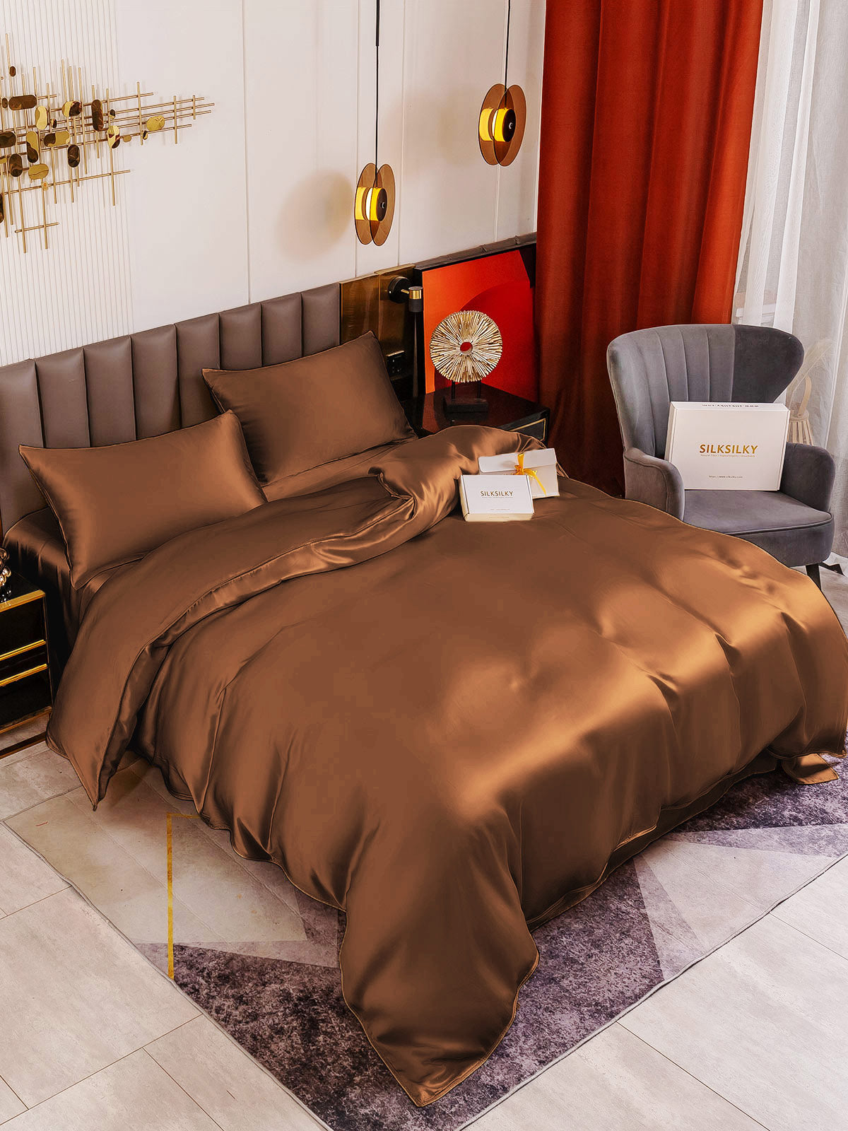 [Coffee] SilkSilky 19Momme Pure Silk Bedding Set 001