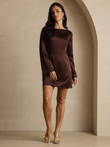 [Coffee] SilkSilky  Long Sleeve Boat Neck Dress 001