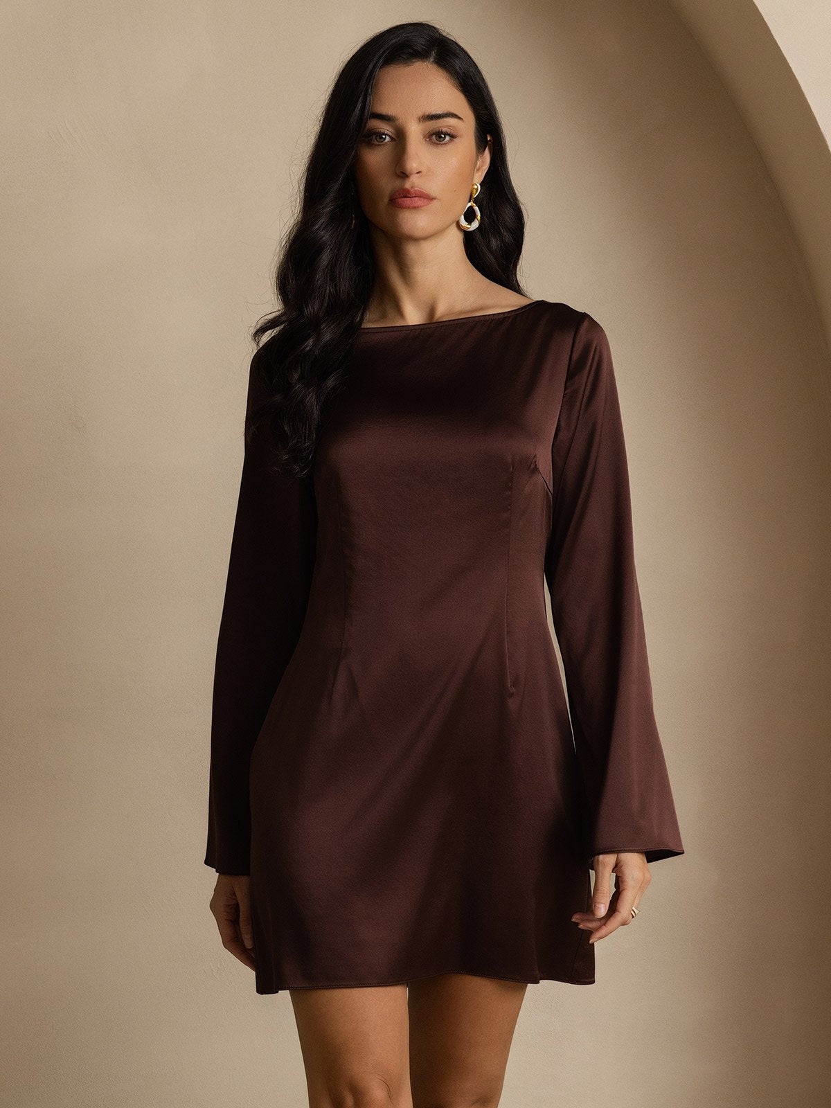 [Coffee] SilkSilky 19Momme Silk Long Sleeve Boat Neck Dress 005