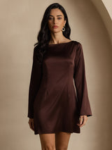 [Coffee] SilkSilky  Long Sleeve Boat Neck Dress 005