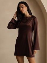 [Coffee] SilkSilky  Long Sleeve Boat Neck Dress 006