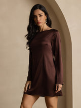 [Coffee] SilkSilky  Long Sleeve Boat Neck Dress 007