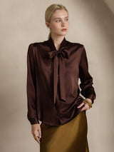 [Coffee] SilkSilky  19Momme Stretch Silk Charmeuse Long Sleeve Tie Neck Blouse 005