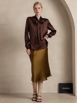 [Coffee] SilkSilky  19Momme Stretch Silk Charmeuse Long Sleeve Tie Neck Blouse 006