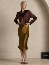 [Coffee] SilkSilky  19Momme Stretch Silk Charmeuse Long Sleeve Tie Neck Blouse 007