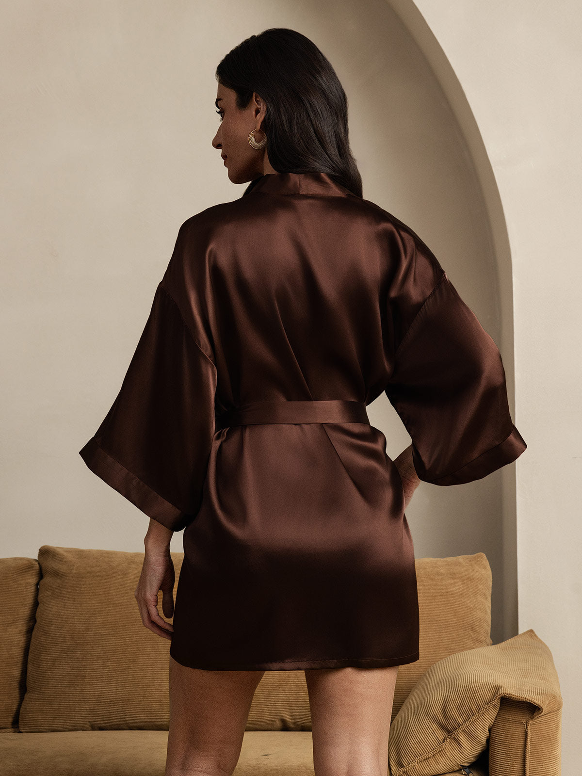 [Coffee] SilkSilky Pure Silk Half Sleeve Womens Robe 002