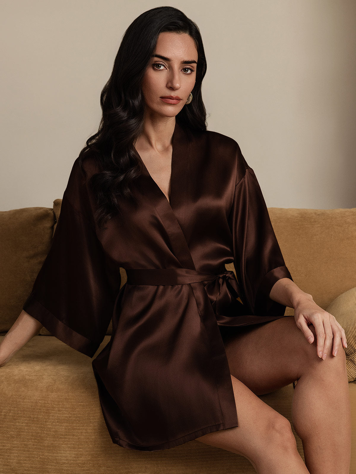 [Coffee] SilkSilky Pure Silk Half Sleeve Womens Robe 003