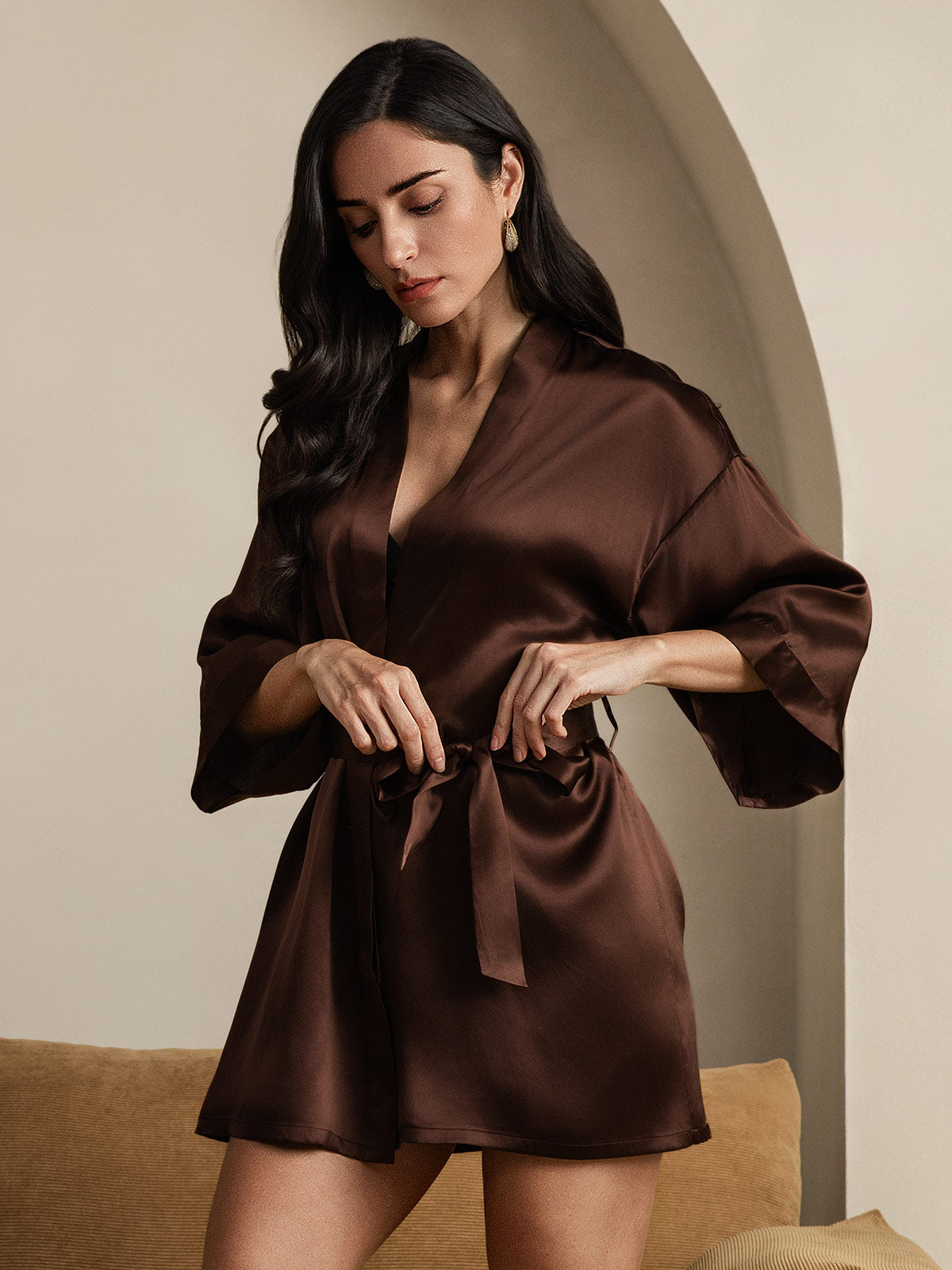 [Coffee] SilkSilky Pure Silk Half Sleeve Womens Robe 005