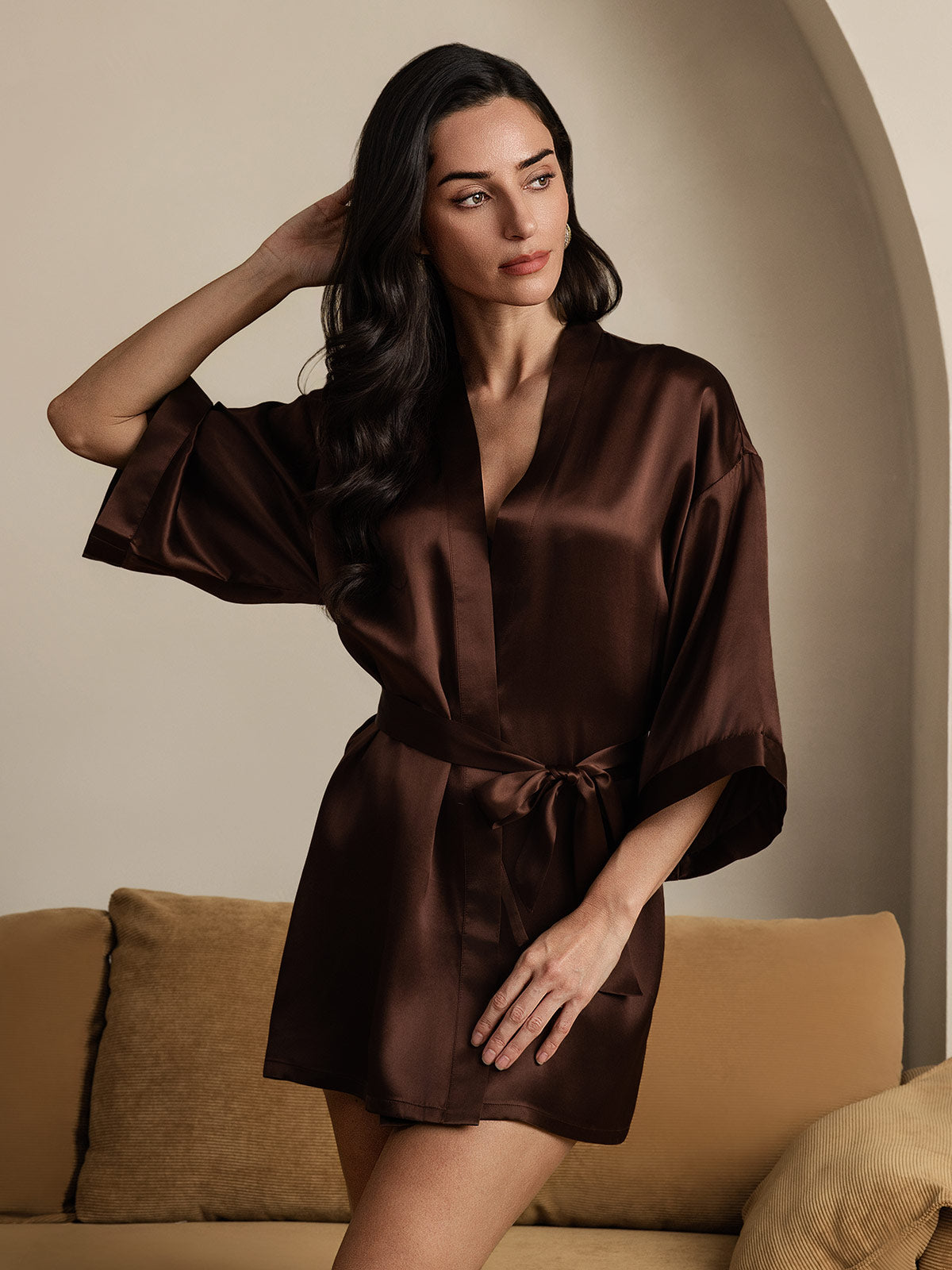 [Coffee] SilkSilky Pure Silk Half Sleeve Womens Robe 006