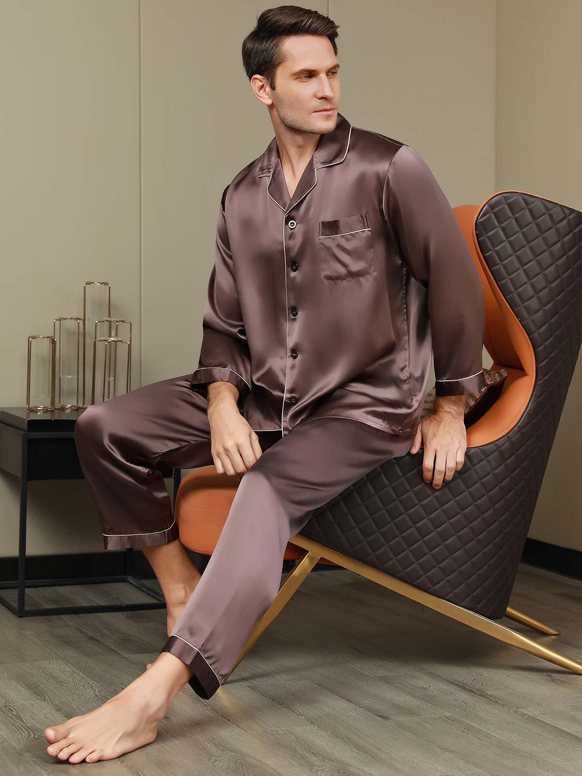 [Coffee] SilkSilky Pure Silk Long Sleeve Lapel Men's Pajamas 001