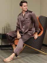[Coffee] SilkSilky Pure Silk Long Sleeve Lapel Men's Pajamas 001