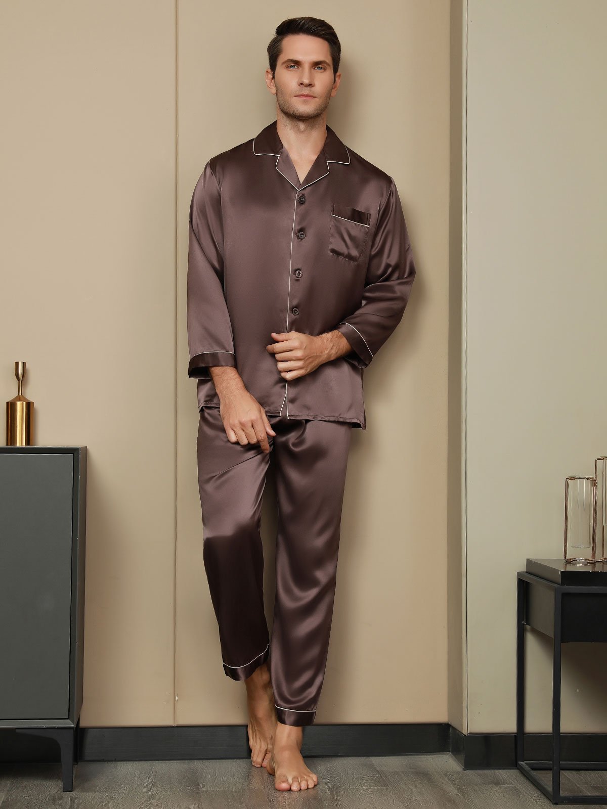 [Coffee] SilkSilky Pure Silk Long Sleeve Lapel Men's Pajamas 002