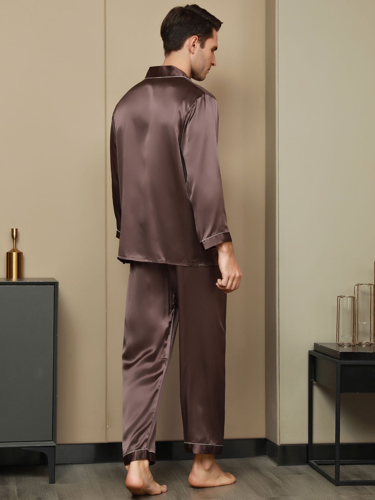 [Coffee] SilkSilky Pure Silk Long Sleeve Lapel Men's Pajamas 003