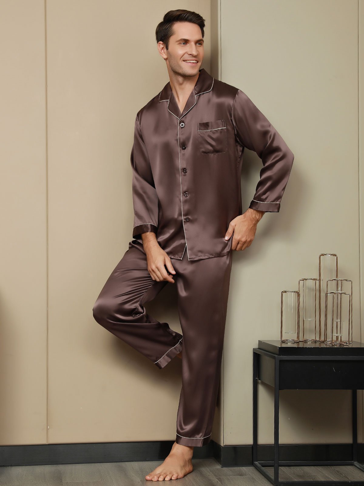 [Coffee] SilkSilky Pure Silk Long Sleeve Lapel Men's Pajamas 004