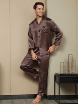 [Coffee] SilkSilky Pure Silk Long Sleeve Lapel Men's Pajamas 004