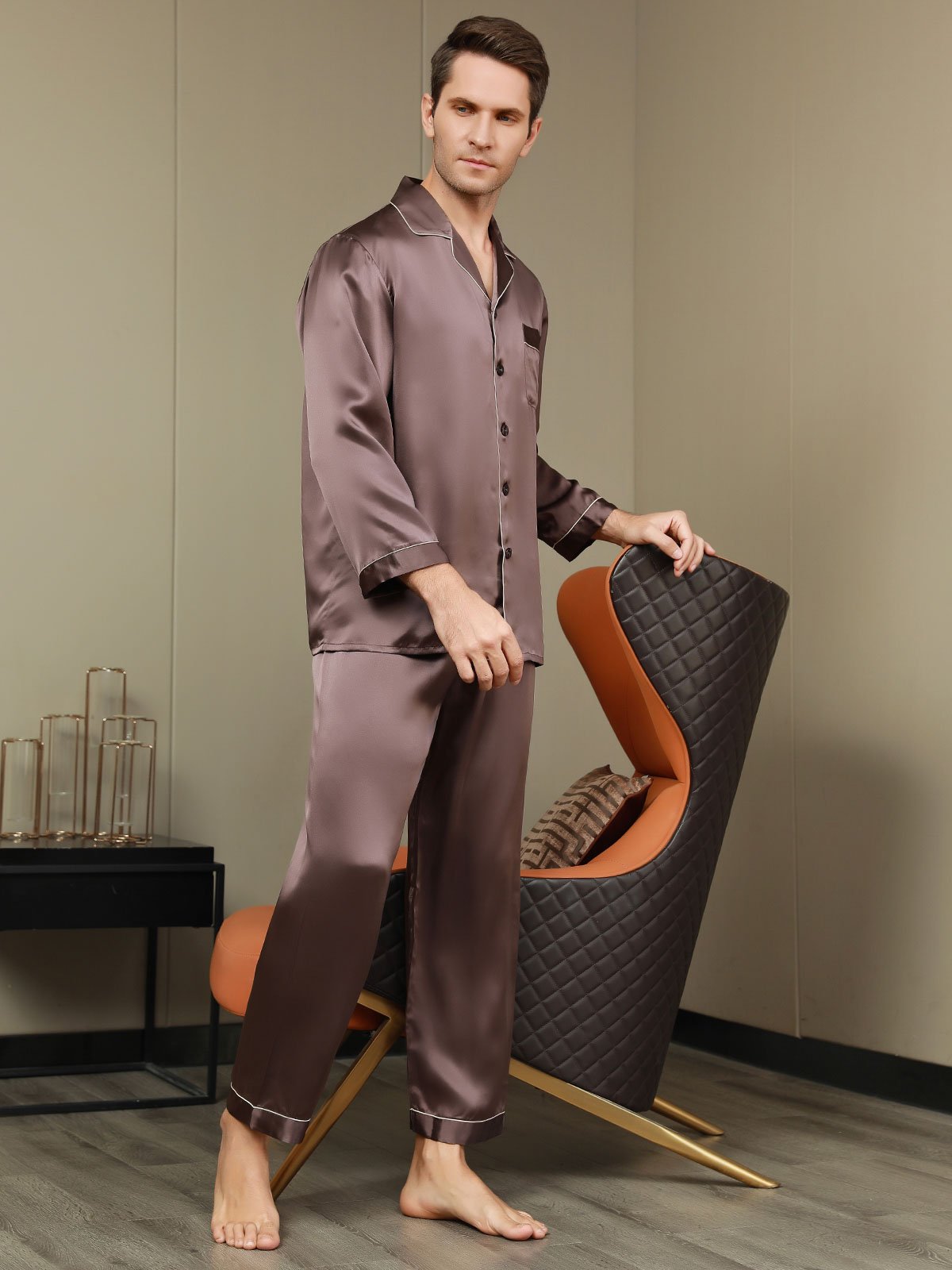 [Coffee] SilkSilky Pure Silk Long Sleeve Lapel Men's Pajamas 005